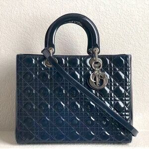 Christian Dior Cannage Lady Dior Large Navy Patent Leather Tote with Strap